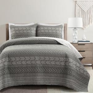 Lush Decor Hygge Geo Pattern Striped 3 Piece Quilt Bedding Set, King, Charcoal