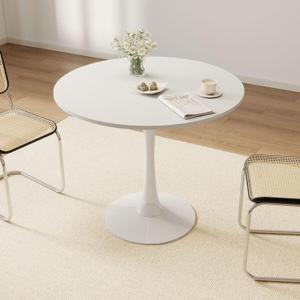 27.5" White Round Dining Table - MDF Top & Metal Pedestal Base - Modern Accent Table for Small Spaces, Kitchen, Dining Room & Living Room, 27.5"D x 27.5"W x *29"H