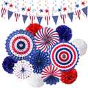 26PCS 4th/Fourth of July Patriotic Decorations Memorial Day Decor Red White Blue Hanging Paper Fans, Hanging Swirls, USA Flag Pennant, Star Streamer Garland Pom Poms Party Supplies Veteran Day Decor