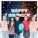 Black Cartoon Galaxy Themed Happy Birthday Backdrop, Star Banner Outer Space Theme Birthday Garland Decorations for Celebrations Cosmic Events, 39.37 inches x 59.06 inches