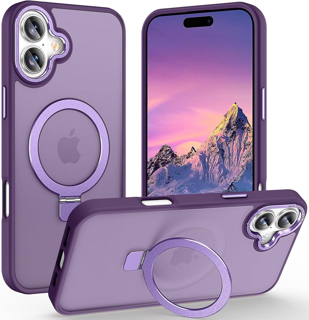 Magnetic for iPhone 16 Case with Ring Stand, [10 FT Drop Protection] [Velvety Touch] Slim Translucent Matte Back Shockproof Phone Case for iPhone 16 6.1'', Dark Purple