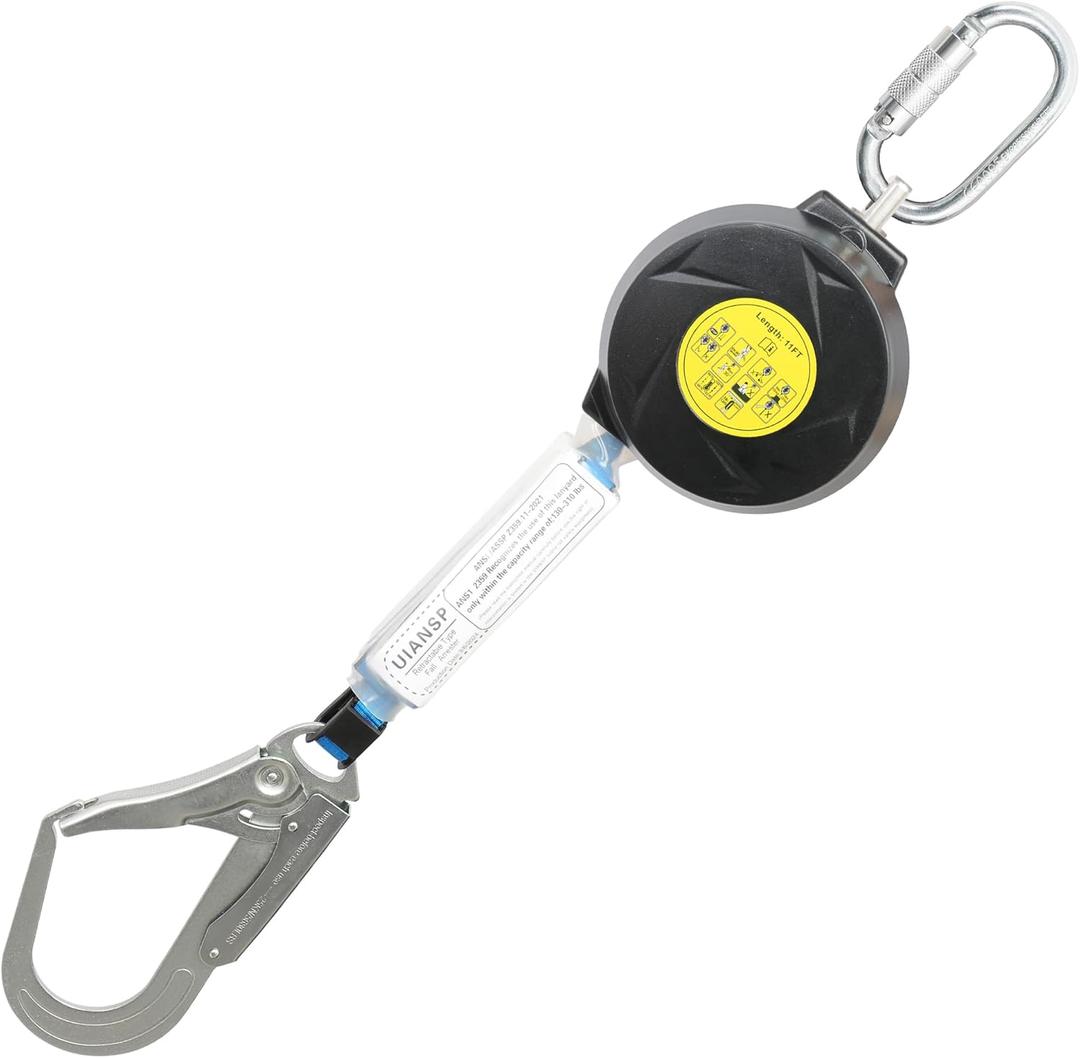 11FT Self Retracting Lifeline Fall Protection Retractable Safety Lanyard Rectracting Lifeline Personal Fall Arrest Protection ANSI Self Retractable Gear for Roofing Construction(Big Hook)