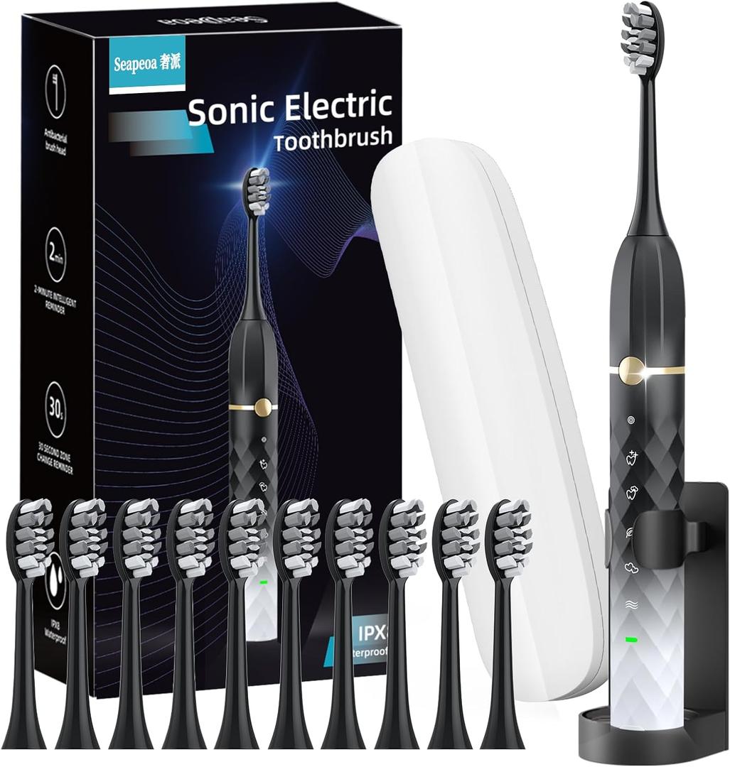 Sonic Electric Toothbrush Set, Equipped with 10 Brush Heads and Travel Case, IPX8 Waterproof, 2-Minute Timer, 42000 High-Frequency Vibrations, 5 Modes, The First Choice for Gift Giving, Black White