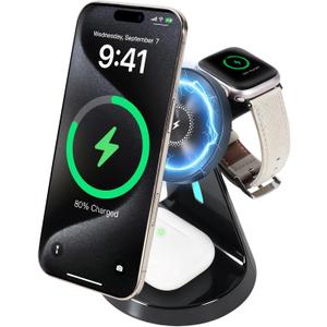 3-in-1 Charging Station Magnetic Wireless Charger Dock Compatible with QC3 15W Fast Charge for Apple iPhone 16/15/14/13/12 Series iWatch Ultra 2/S10/S9/S8/SE AirPods Pro 2/3/4 (Black)