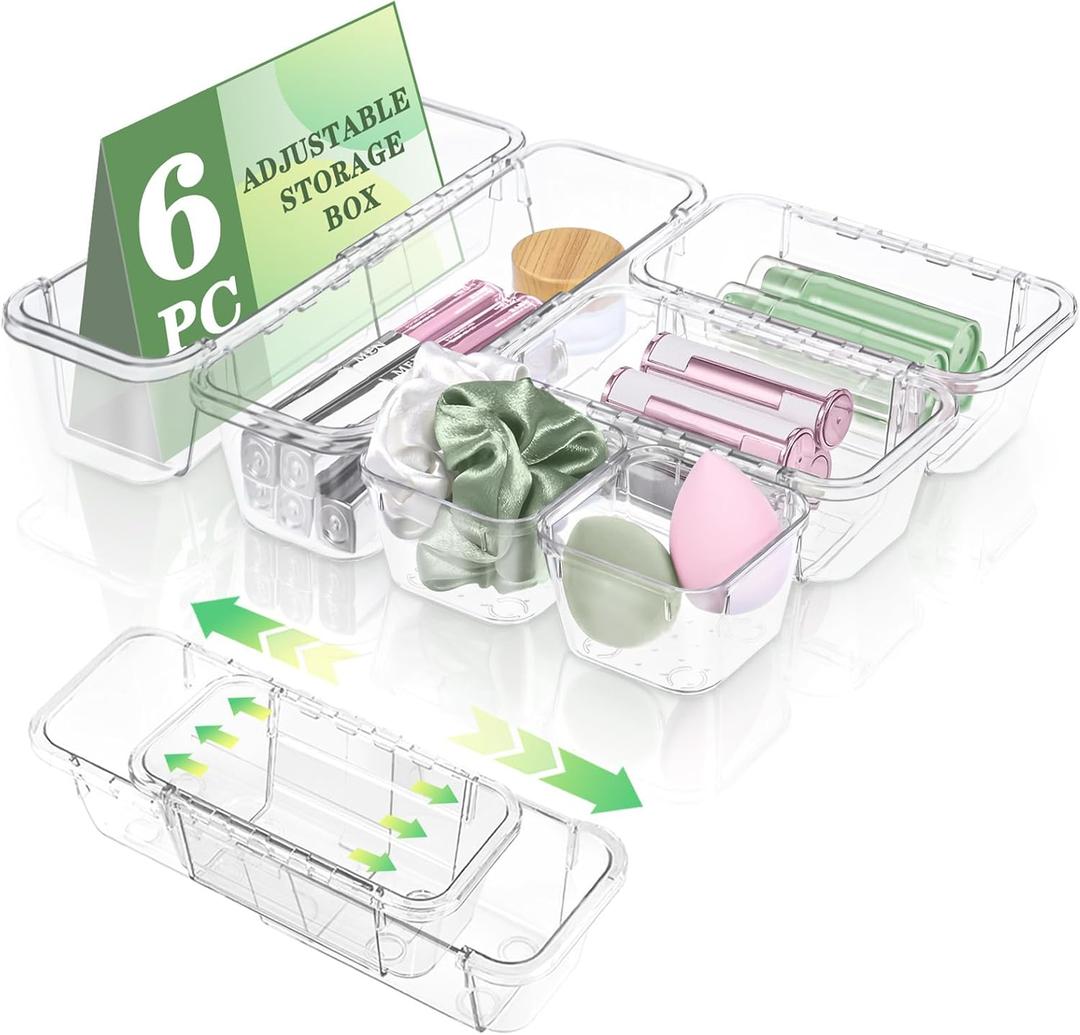 6 Pcs Clear Drawer Organizer, Adjustable Storage Bins (2 Sizes), Desk and Dresser Organizers for Makeup, Cosmetics, Kitchen Utensils, Bedroom, and Gadgets (4 Medium + 2 Small)
