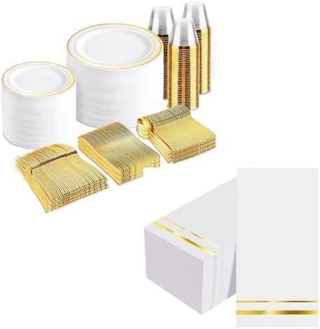 bUCLA 700PCS Gold Dinnerware Set Include 100 Dinner Plates,100 Dessert Plates,100 Knives,100 Forks,100 Spoons,100 Cups&100 Napkins