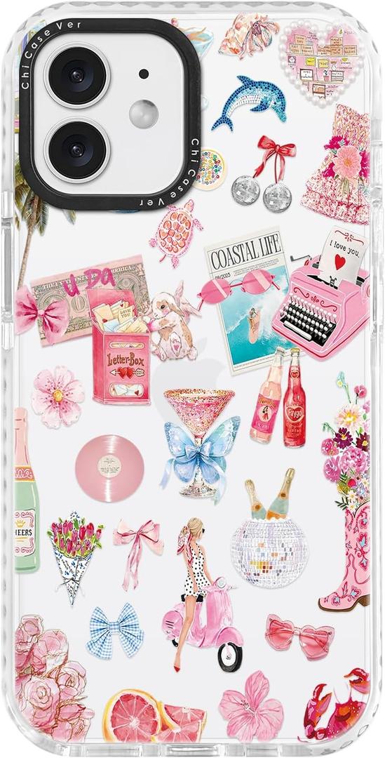 for iPhone 12 Case, Coastal Romance Collage Pattern with Pink Motifs, Military-Grade Drop Protection, Trendy Glamorous Soft Slim TPU Protective & Camera Protection for Women Girls