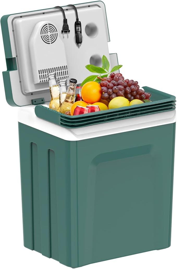 SHAREWIN Electric Cooler & Warmer with Handle 26.5 Quart/25L Portable Thermoelectric Fridge for Vehicles & Trucks with 110V AC & 12V DV, 12V Car Cooler for Camping, Travel Green