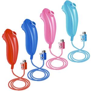 XiQiDianr 4 Packs Nunchuck Controller,Nunchuk Controllers Joystick Gamepad,Replacement for wii Nunchuck Controller,Compatible with Nintendo Wii & Wii U Video Game Gamepads(Sky Blue+Pink+Dark Blue+Red)