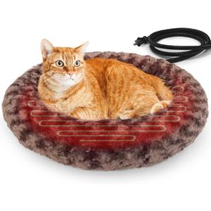 Heated Cat Beds for Indoor Cats Warming Cat Beds Super Soft Machine Washable Thermo Kitty Electric Heating Bed 19 Inches Round (Coffee)