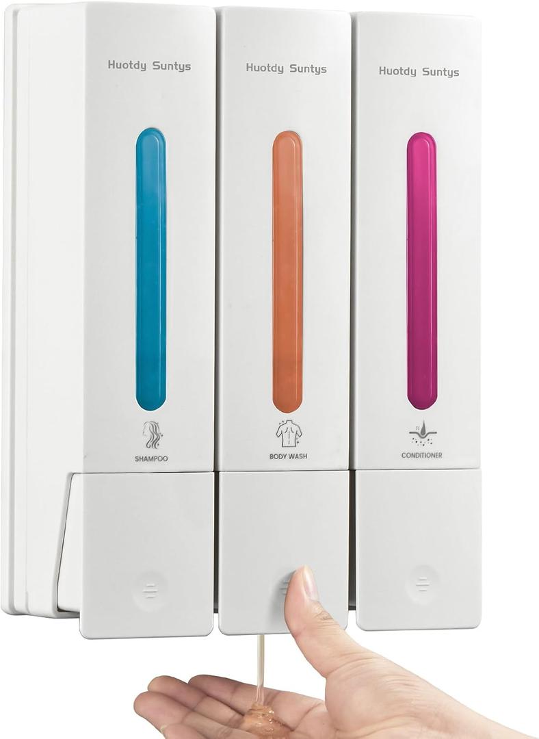 Shampoo and Conditioner Dispenser, Shower Soap Dispenser 3 Chamber No Drill Shampoo Dispenser for Shower Wall Mounted Shampoo Conditioner Body Wash Dispenser for Bathroom Hotel,Large 3 * 400ML White