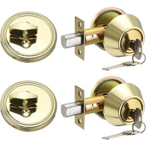 MECCANIXITY Keyed Alike Single Cylinder Deadbolt Door Lock Round Entry Front Door Handle Sets for Door Thickness 1.2-2 Inch (Gold Tone, Pack of 2)