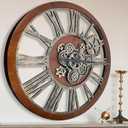 The B-Style Large Real Moving Gears Wall Clock 30 inch Rustic Retro Industrial Farmhouse Wood Clock Oversized Decorative Vintage Wall Clocks for Living Room (Walunt Wood and Bronze)