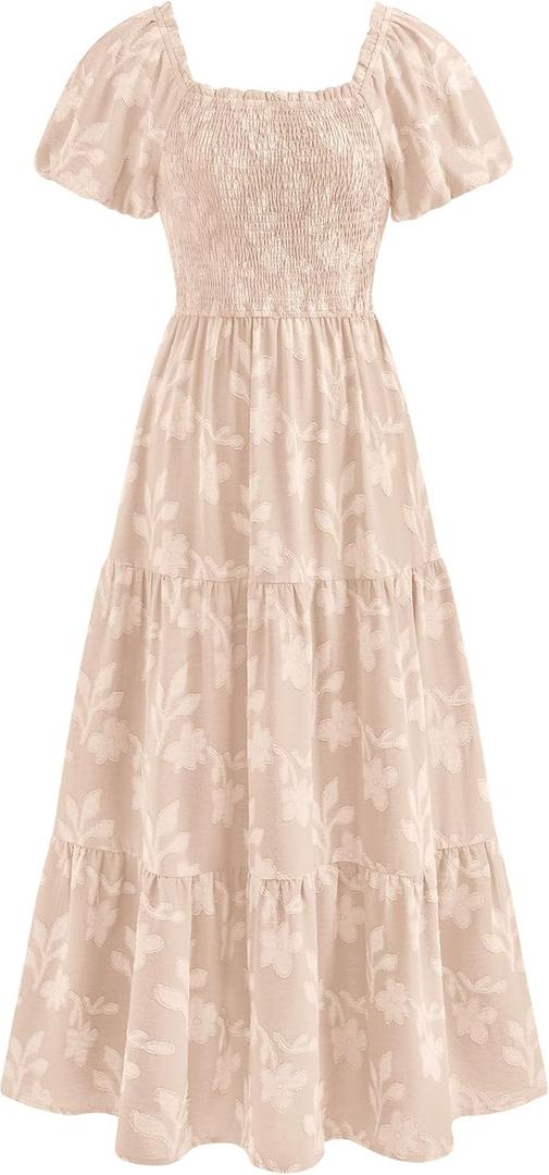 PRETTYGARDEN Women's 2026 Summer Boho Maxi Dresses Floral Short Sleeve Square Neck Smocked Flowy Long Dress Vacation Outfits, Large