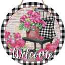 Deroro Welcome Spring Summer Geranium Flower Front Door Sign, Pink Floral Chair Buffalo Plaid Wood Door Hanger Outdoor Outside Porch Decor, Farmhouse Wooden Wreath Indoor Wall Hanging Decoration