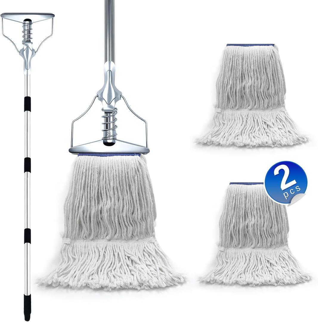 Heavy Duty Commercial Industrial Mop，59in Looped-End String Wet Cotton Mops for Floor Cleaning，Suitable for Home, Workshop and Garage Floor Cleaning Including 2 Mop Head Replacements (Blue + White)