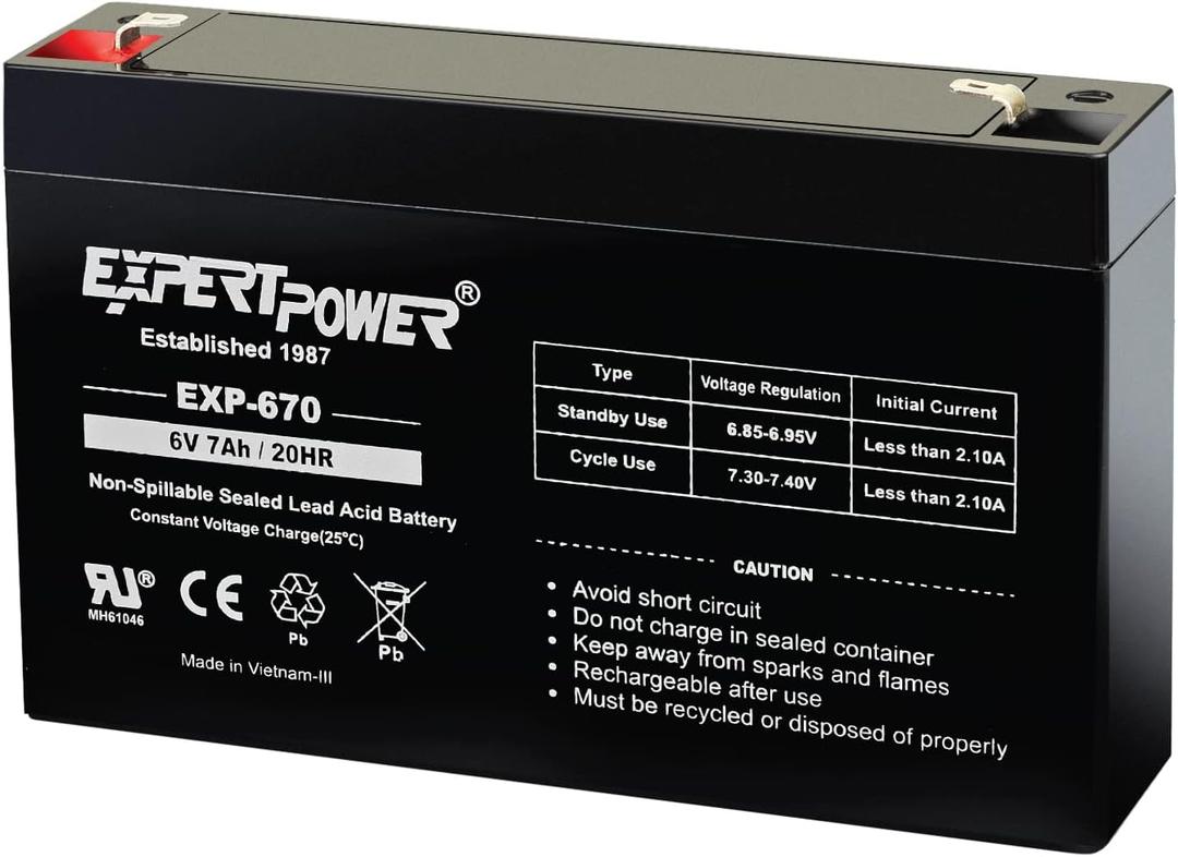 ExpertPower 6Volt 7AH Sealed Lead Acid (SLA) Battery with F1 Terminal EXP670 Replaces Powertron PEA6V65F3 Enduring 3FM7