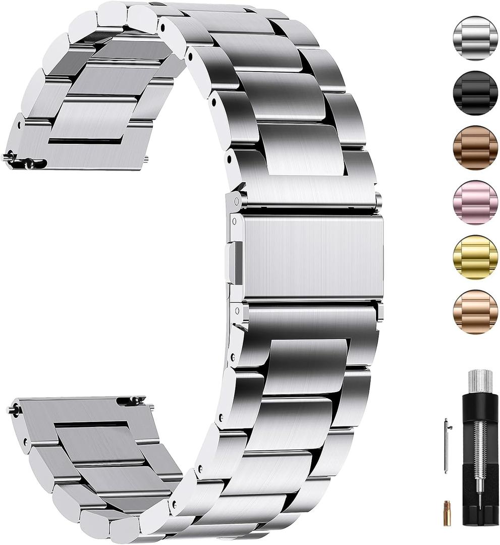 Fullmosa Stainless Steel Watch Band 16mm 18mm 19mm 20mm 22mm 24mm, Quick Release Metal Replacement Strap with Removable Links, Includes Spring Bars & Link Removal Tool for Men Women (20mm, Silver) (20MM(See Diagram)