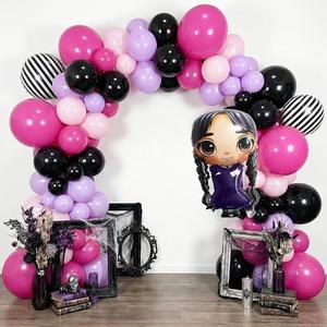 148pcs Purple Black Hot Pink Balloon Arch Kit for Gothic Birthday Decorations, Dark Sweet Party Balloons Garland Set with Striped Foil Balloons for Halloween Baby Shower Girl Party Decor