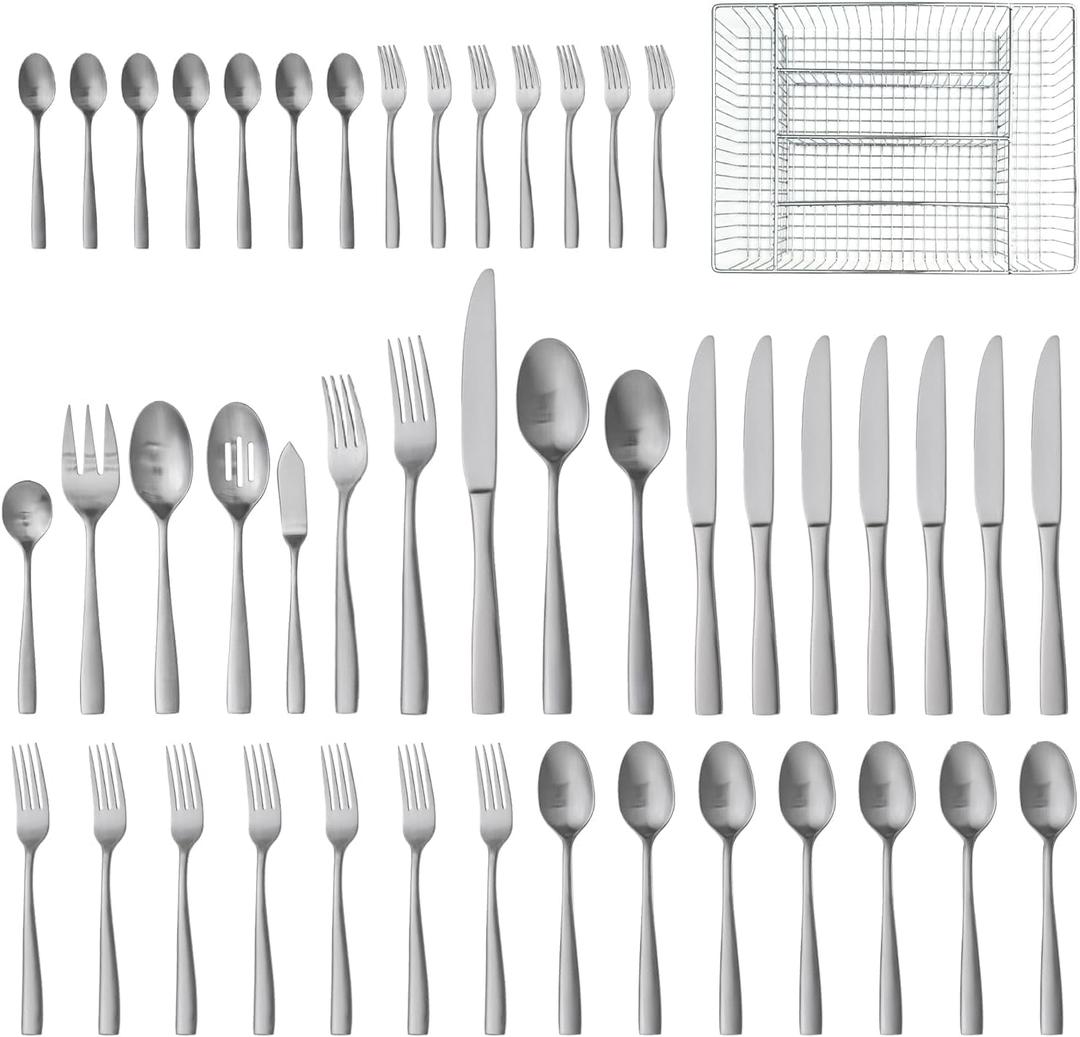 HIKAA Forged Silverware Set Stainless Steel Flatware Set,Service for 8,Matte Satin Polished Cutlery Set, with Serving Set and Metal Organizer (Matte Silver 45PCS)