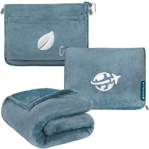 PAVILIA Travel Blanket and Pillow, Arms Opening Airplane Blankets for Adults, Compact Plane Blanket with Arm Hole 2-in-1 Bag for Flight Car Camping Fit in Luggage Backpack Traveler Gift, Blue (65 x 40 inches)