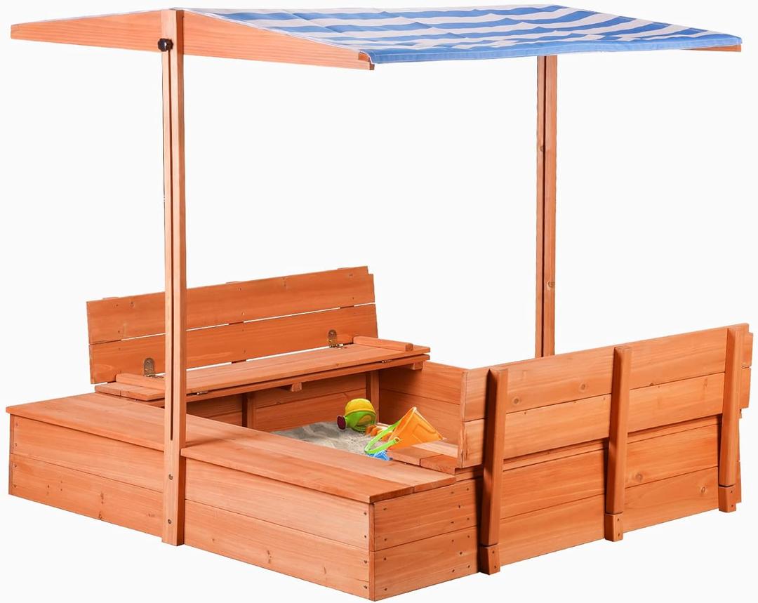Kids' Outdoor Wooden Sandbox with Id,Sand Box with Toy Storage Box,Kids Play Equipment Sand Protection Bottom Liner Included 47X47in.
