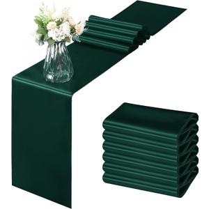 Horbaunal 6 Pack Satin Runners 12 x 108 Inch Bright Silky Smooth Satin Table Runners for Birthday Wedding Party Banquets, Forest Green