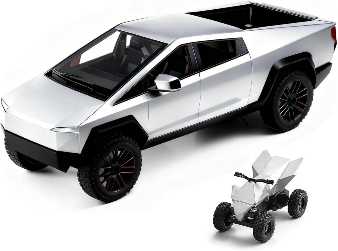 LLWEIT 1:32 Scale Toy Trucks Die-Cast Metal Body,Pull Back Car with Opening Doors with Metal Motorcycle,Boy Truck Toy for Age 3+ (Small, Silver)