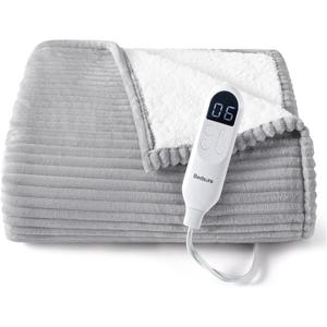 Bedsure GentleSoft Heated Blanket Electric Throw - Soft Ribbed Flannel Electric Blanket, Heating with 4 Time Settings, 6 Heat Settings, and 3 hrs Timer Auto Shut Off (50x60 inches, Light Grey) (02 - Harbor Mist)