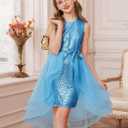GRACE KARIN Girls Sequin Party Dress Size 14 Formal Flower Girls Fashion Birthday Pageant Banquet Dress Light Blue