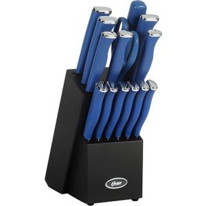 Oster Langmore 15-Piece Stainless Steel Cutlery Knife Block Set with Classic Blue Handles Full Kitchen Knife Set in Black Storage Box
