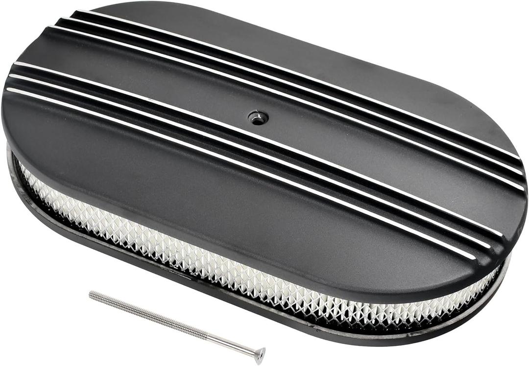 15" Black Aluminum Air Cleaner Assembly Kit Alloy Oval Partial Half Finned with Element