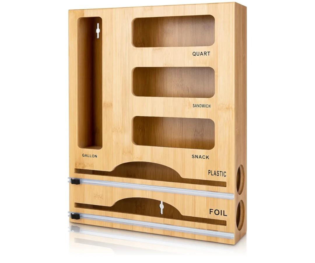 Storage Bag Organizer with Foil and Plastic Wrap Organizer, Aluminum Foil Dispenser with Cutter, Bamboo 6 in 1 Baggie Organizer Suitable for Gallon, Quart, Sandwich, Snack