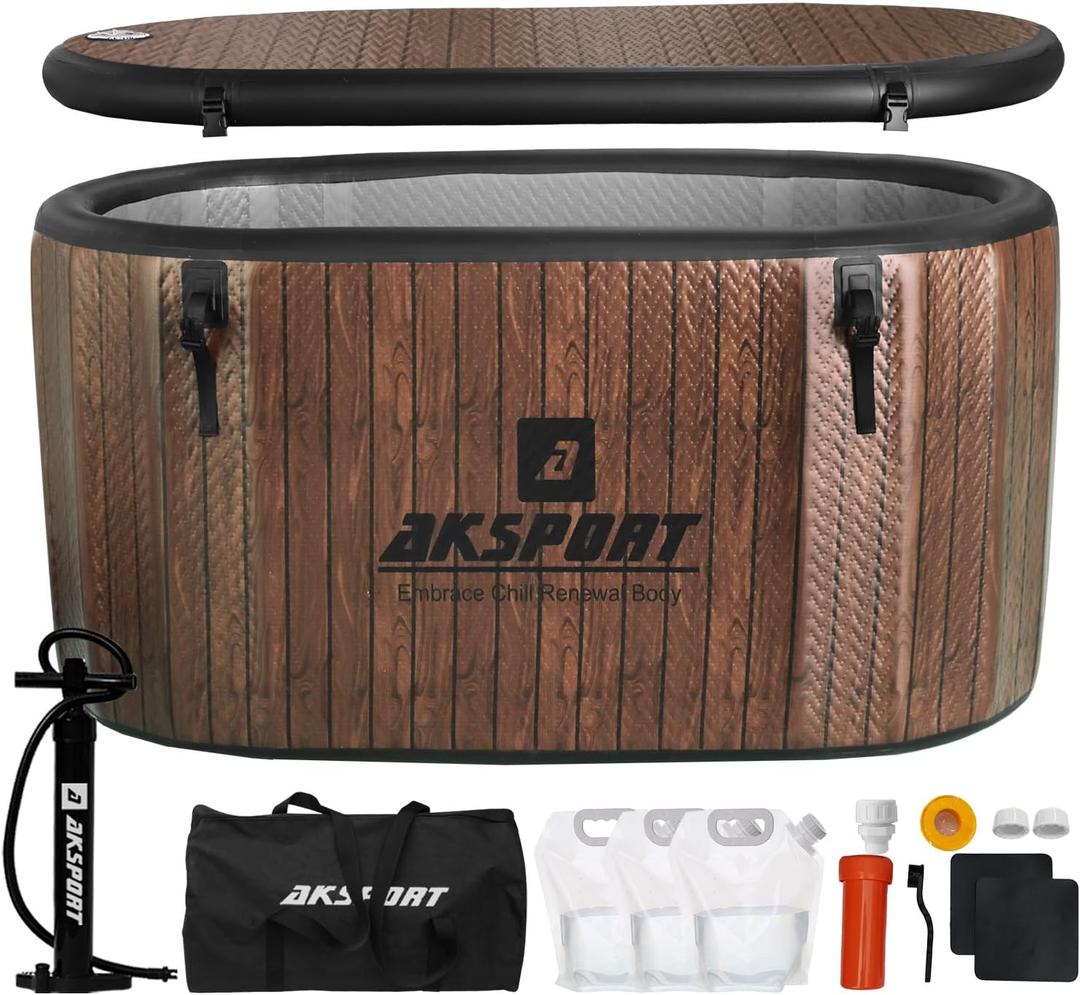 AKSPORT Ice Bath Tub for Athletes, 151 Gallons Inflatable Cold Plunge Tub Compatible with Water Chillers, Icebath for Recovery & Cold Water Therapy, Portable Bathtub for Indoor & Outdoor-Wood (Brown)