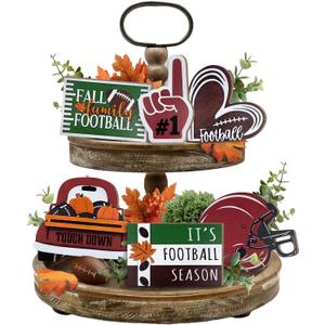 Fall Football Tiered Tray Decor, Farmhouse Tray Decorations Truck Heart Football Helmet Game Wooden Sign, Rustic Thanksgiving Autumn Football Season Decorations for Home Table Shelf Party 6PCs