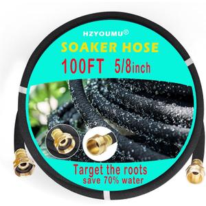 Soaker Hose 100ft 5/8", Solid Brass Connector Heavy Duty Leakproof, Drip Irrigation Soaker Hose for Garden, Lawn & Flower Beds