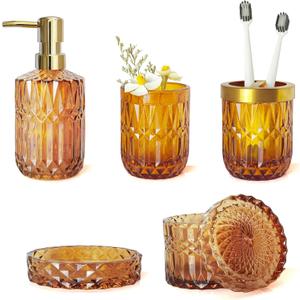 Amber Bathroom Accessories Set, 5Pcs Brown Glass Bathroom Accessories, Hand Soap Dispenser, Soap Dish, Toothbrush Holder Set, Qtips Holder for Vanity Bathroom Decor, Gift Set