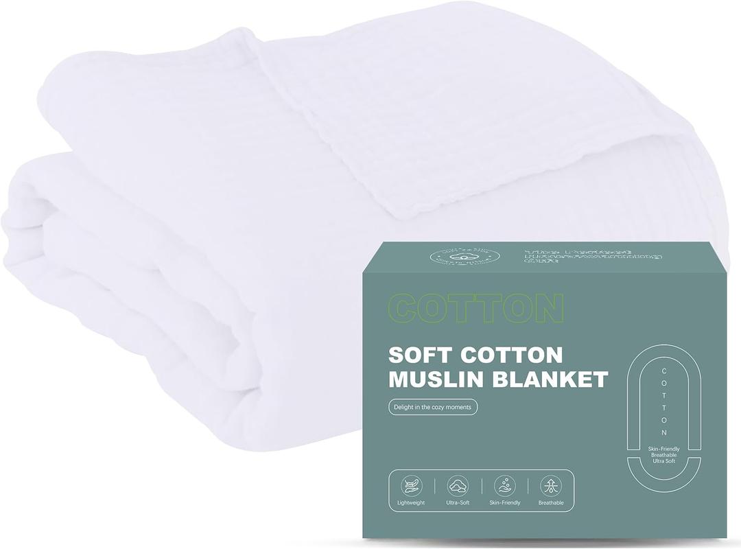 Cosy Family 6 Layer Muslin Bed Blanket - Breathable and Lightweight Gauze Boho Blanket for Spring, Soft 100% Cotton Muslin, White, 80x90 Inches