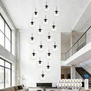 KoKo&Yukina 16-Light Black Mid Century Modern Chandelier for Living Room Staircase Chandelier for Entryway Clear Globe Glass Chandelier High Ceiling Chandeliers Foyer Entryway (Bulb & Remote Incl.)