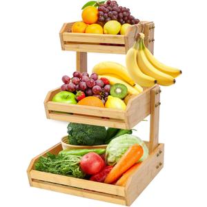 Bamboo 3 Tier Fruit Basket Stand for Kitchen Counter, Tiered Wooden Large Countertop Vegetable Fruit Holder with Banana Hook, Natural