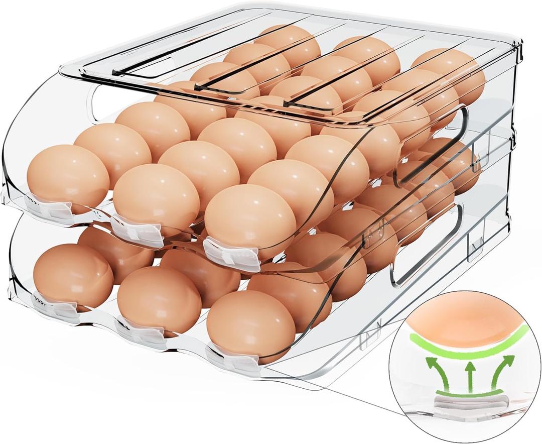 SMRCAD Egg Holder for Fridge, Automatic Steady Rolling Egg Dispenser with Silicone Bumpers & Handle for Refrigerator, Large Capacity Egg Organizer with Lid (2 Tier Holder 36 - 42 Eggs, Large Size)