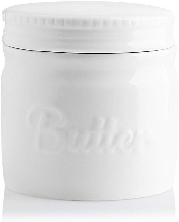 Sweejar Porcelain Butter Keeper Crock, French Butter Dish with Water Line, Ceramic Butter Container for soft butter (White)