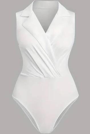 Women's Sleeveless Lapel Bodysuit Collared Wrap Summer Dressy Blouse Tops, Medium