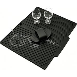 Silicone Dish Drying Mat Set： Non-Slip Drain Pad, Dish Drying Pad,Used for Kitchen Mat，Under Sink Mat Or Drawer Liners；Hanging Large Silicone Mat (17" X 13", Black)