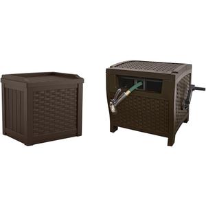 Suncast 22 Gallon Resin Storage Seat and 175 ft Wicker Style Hose Hideaway, Java