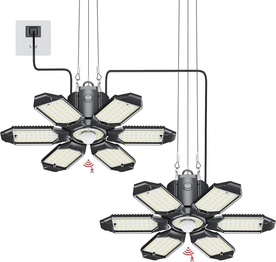 Plug in Garage Light with Motion Sensor - Ultra Bright 200W 20000LM Motion Activated Shop Light with 3 Mode, 6 Deformable LED Panel, Indoor Motion Light Bulb for Garage, Workshop (2 Pack)