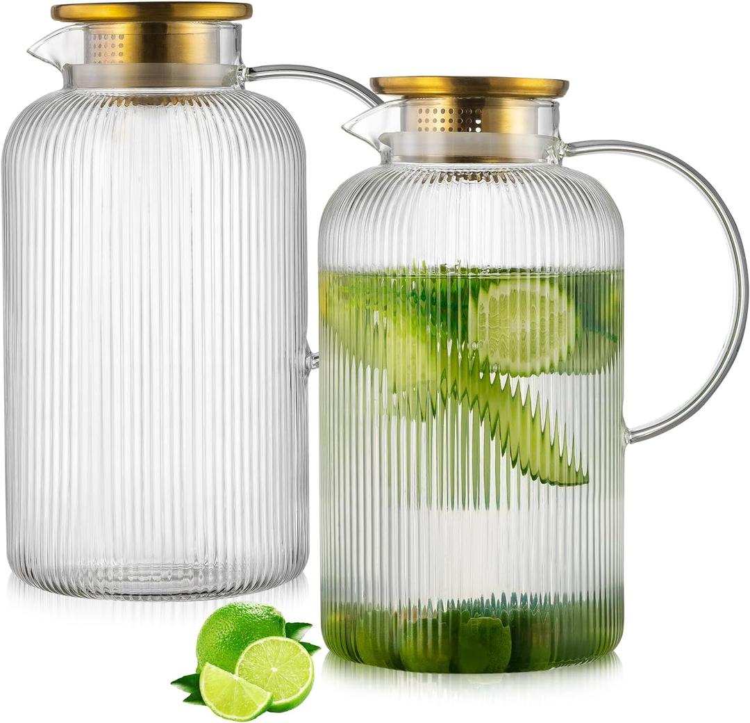 Buaic Glass Pitcher with Lid, 100 oz/ 3 Liter Classic Vertical Stripes Water Pitcher,Glass Water Carafe for Cold Brew, Coffee, Lemonade, Iced Sun Tea,Beverage, Milk, Heat Resistant (3L-2 PACK, Clear)