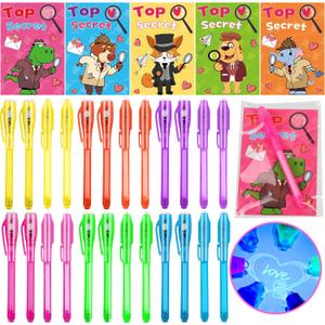 FLYSNK 24 Pack Valentines Day Gifts for Kids Classroom Invisible Ink Spy Pen with Animal Themed Cards Party Favors for School Exchange & Prizes for Boys Girls