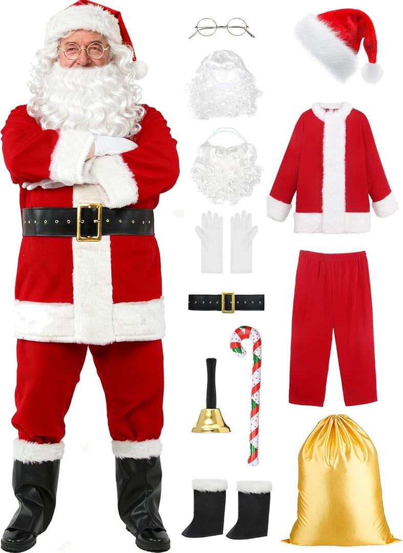 Santa Suit Adults Men Christmas Santa Claus Costume for Men Deluxe Fancy Cosplay Outfit Santa Hat Beard Sack