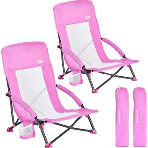 SUNNYFEEL Folding Low Camping Beach Chair 2 Pack, Lightweight Portable Lawn Chair with Mesh Back, Cup Holder for Outdoor/Travel/Picnic/Concert, Foldable Camp Backpack Chair with Carry Bag